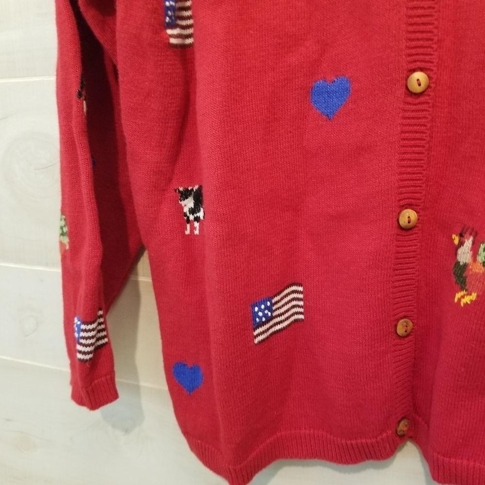 {1X} Vintage Americana Flag Rooster Chicken Cow Farm Heart 4th of July Cardigan - Picture 3 of 7